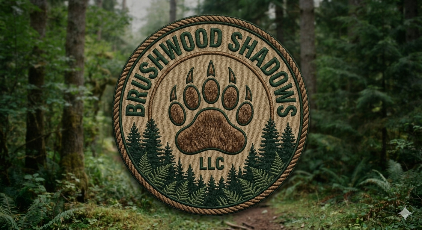Brushwood Shadows LLC bear paw logo in a forest